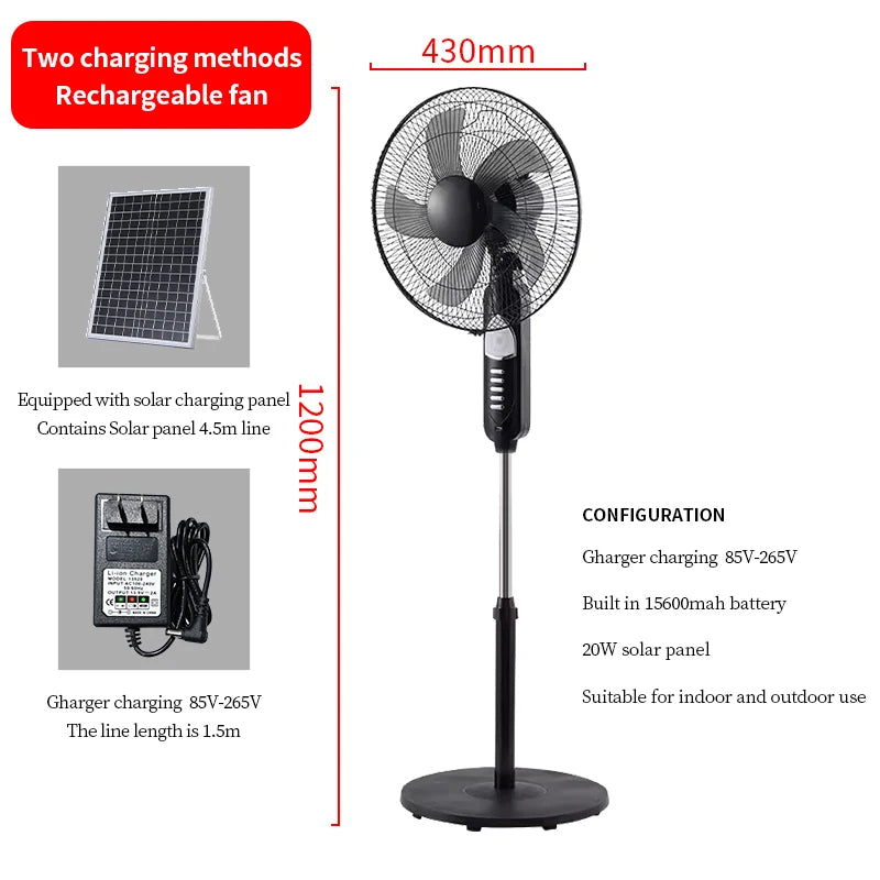 Solar Standing Fan 16 Inches Rechargeable Floor Fans Battery powered 15600mAh Electric Fan for home
