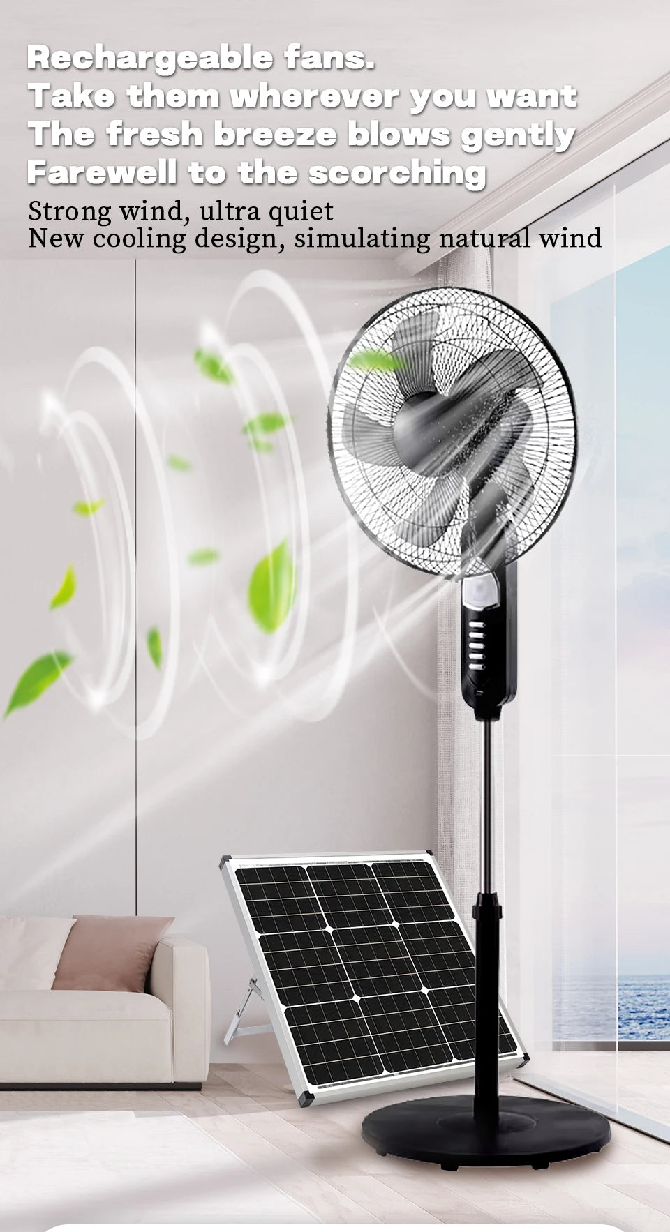 Solar Standing Fan 16 Inches Rechargeable Floor Fans Battery powered 15600mAh Electric Fan for home