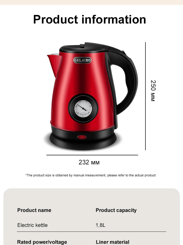 GELAIBO electric kettle mechanical temperature European-style fashion style design, large capacity 1.8 liters stainless steel li