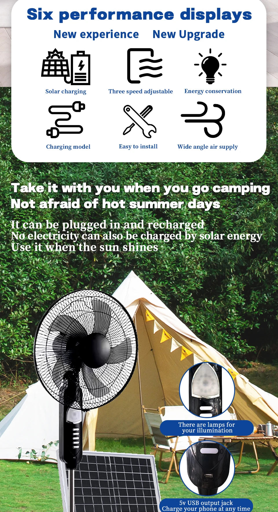 Solar Standing Fan 16 Inches Rechargeable Floor Fans Battery powered 15600mAh Electric Fan for home