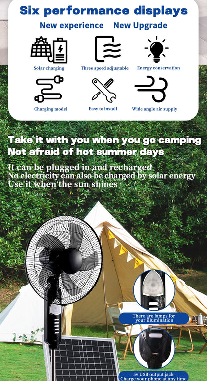 Solar Standing Fan 16 Inches Rechargeable Floor Fans Battery powered 15600mAh Electric Fan for home