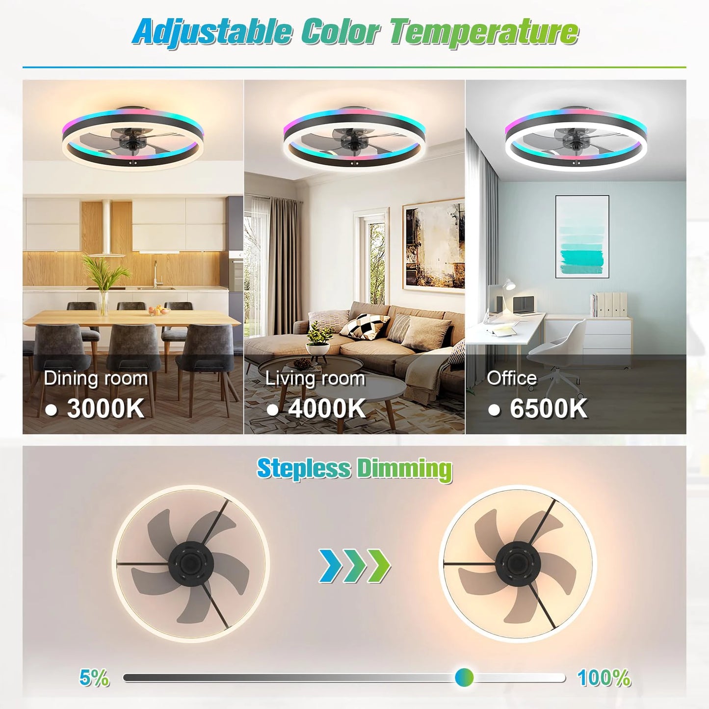 Ceiling Fan with Light Modern RGB Smart Atmosphere Ceiling Lamp with Electric Fan Bedroom Living Room Party Festival Lamp Fan