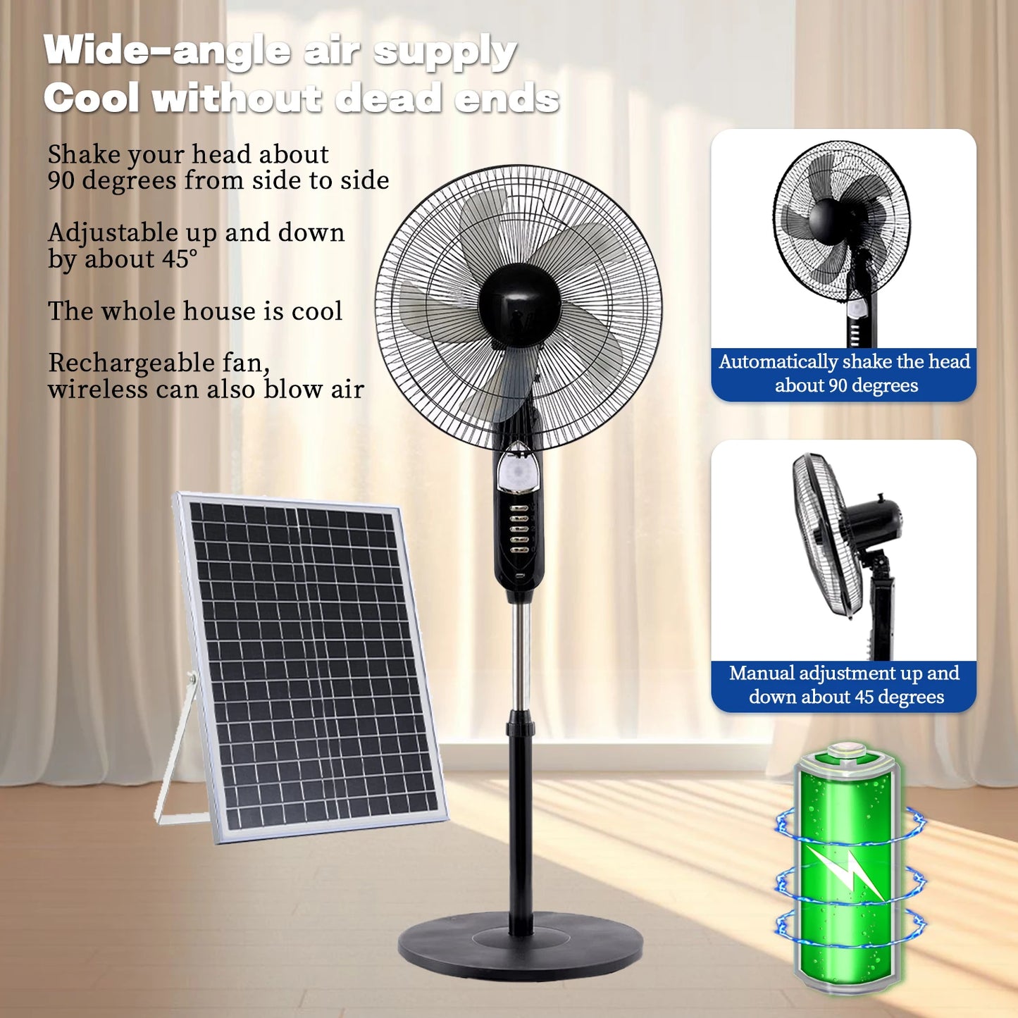 Solar Standing Fan 16 Inches Rechargeable Floor Fans Battery powered 15600mAh Electric Fan for home