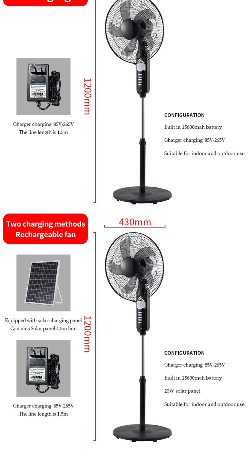 Solar Standing Fan 16 Inches Rechargeable Floor Fans Battery powered 15600mAh Electric Fan for home