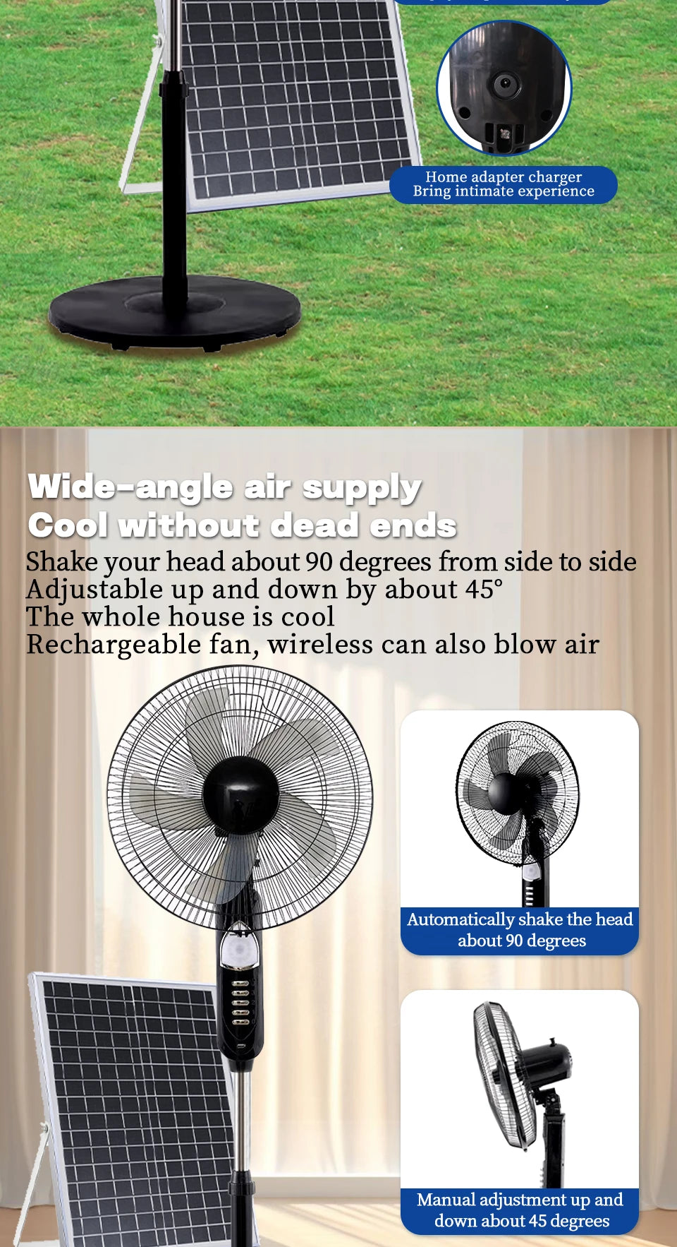 Solar Standing Fan 16 Inches Rechargeable Floor Fans Battery powered 15600mAh Electric Fan for home